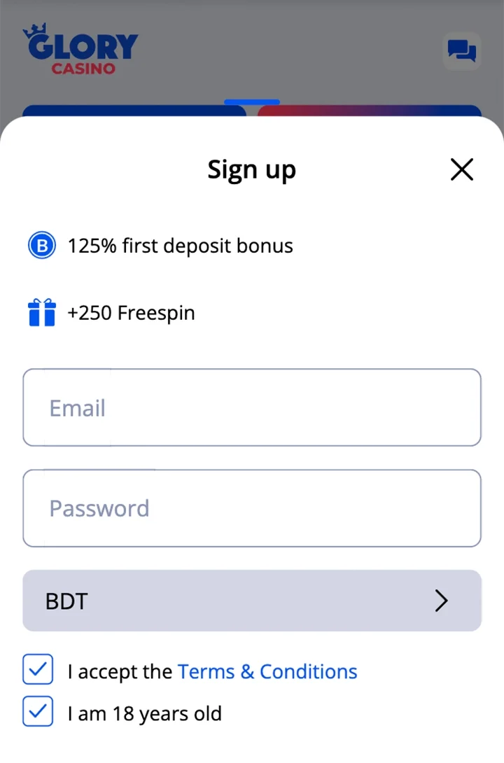 Complete the account registration process at Glory Casino app.