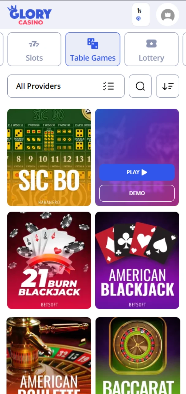 Choose a table game on the Glory Casino website.
