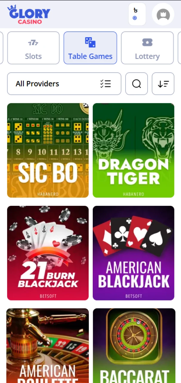 Open the table games section to start playing at Glory Casino.