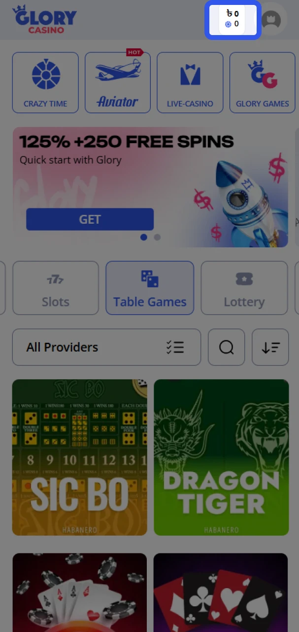 Make a deposit to your Glory Casino account.