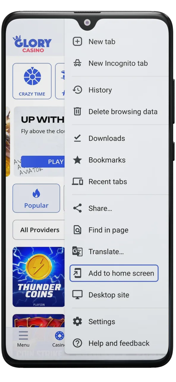 Open the browser menu to proceed with the installation of the Glory Casino APK.