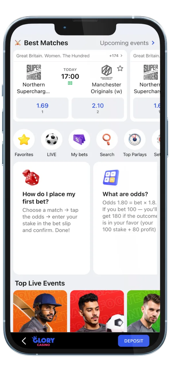Real-time sports betting with live odds and highlights by Glory Casino.