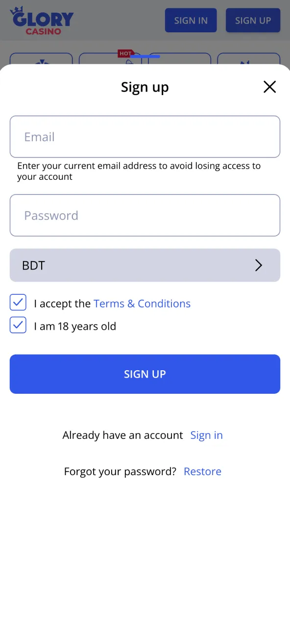Create a Glory Casino account and accept terms.