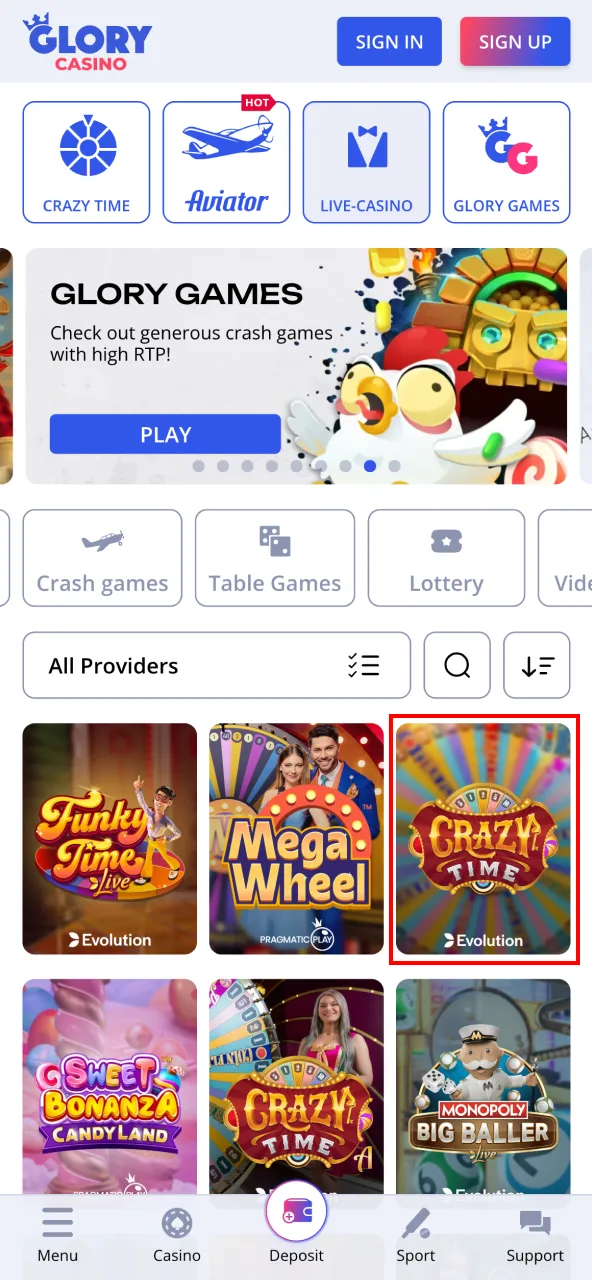 Search for Crazy Time in the Glory Casino Live section.